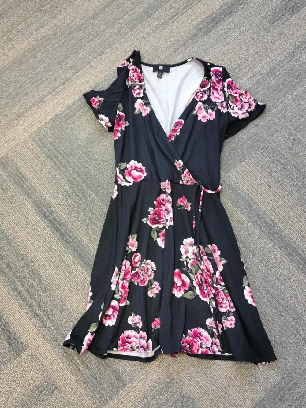 Iz Byer Black Wrap Dress with Pink Floral Print